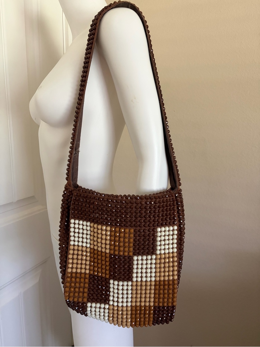 Vintage 1970s Brown and Cream Checkered Beaded Shoulder Bag